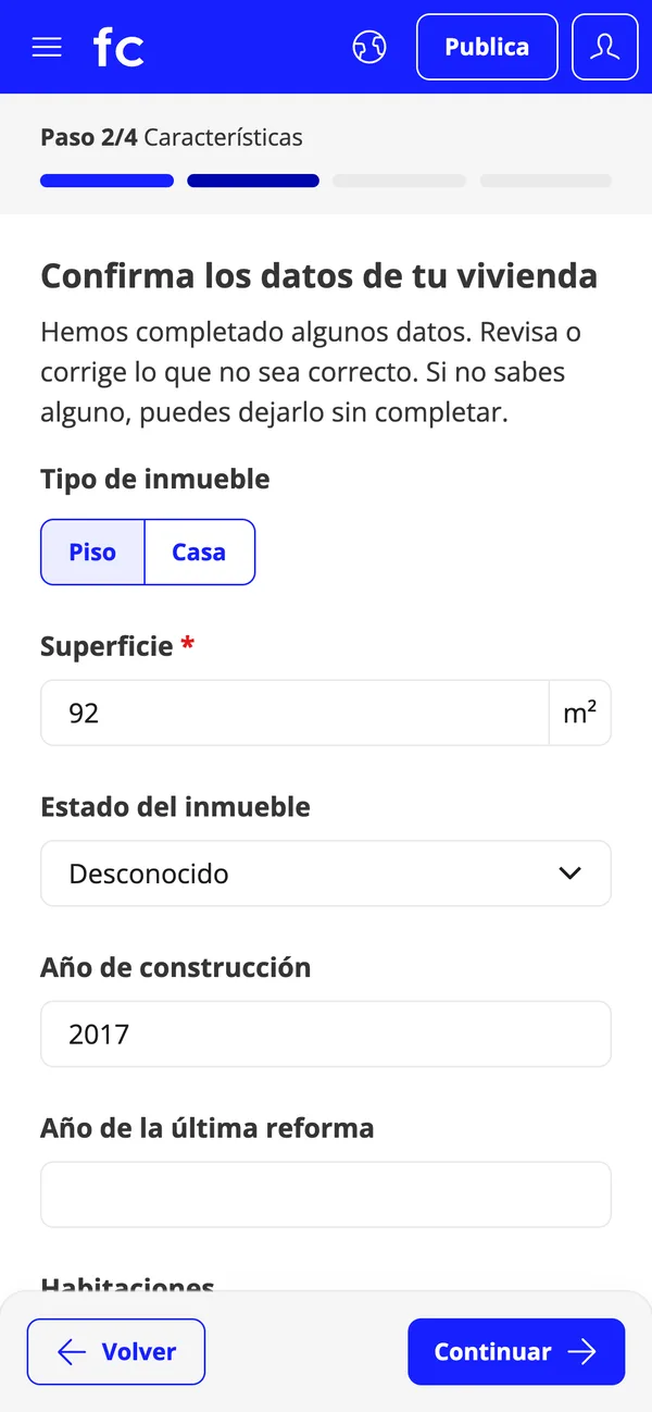 Step 2 of 4: confirm the details of your home — flat or house, 92 m², condition and year of construction
