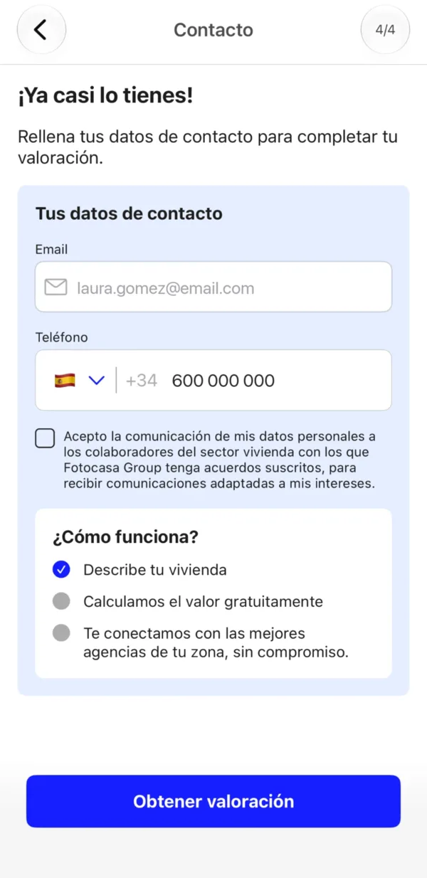 Step 4 of 4: contact details with sample data and how it works