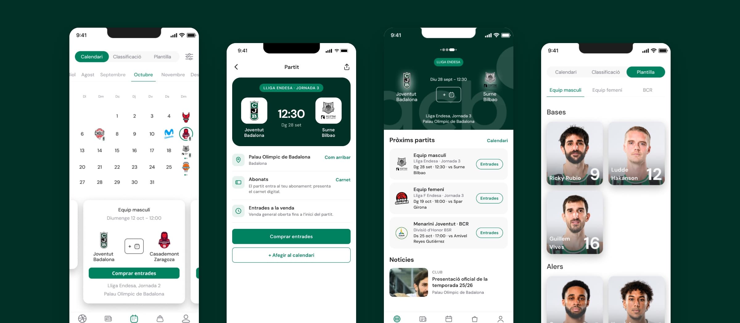 Four screens of the concept: the men’s team calendar for October with rival crests on match days, a match page with time, venue and a button to buy tickets, the home with each team’s next game, and the men’s squad.