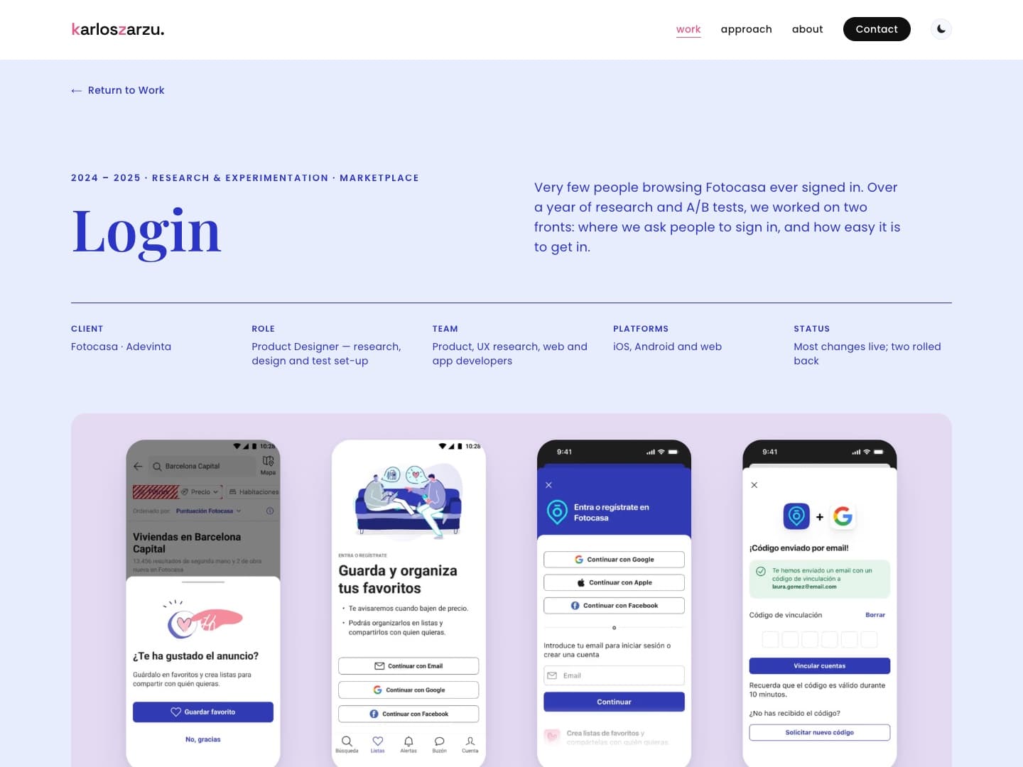 The Login case today: title, lead, role and status on a pale blue ground, over a cover of four real login screens.