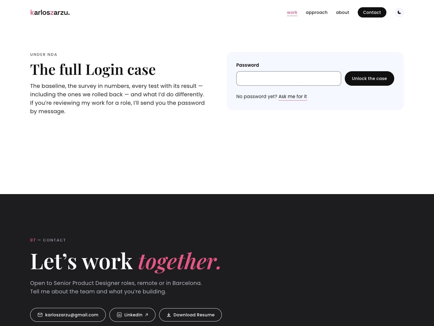 The password gate of the full Login case: what’s behind it on the left, and the password field with “Unlock the case” on the right.