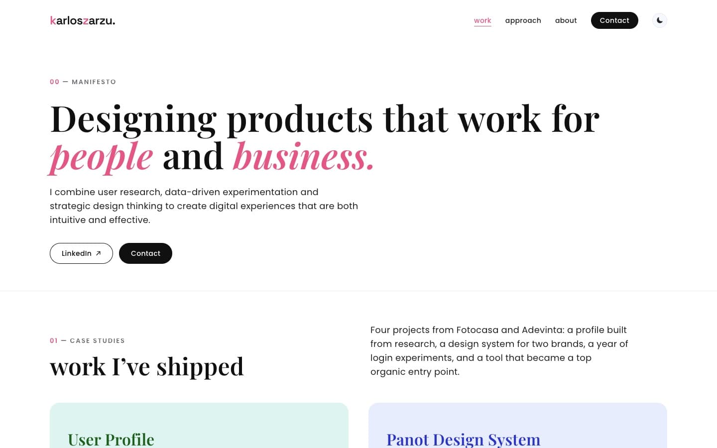 The shipped home page, live today: white ground, a serif manifesto with two pink italic words, a supporting line and LinkedIn and Contact buttons.