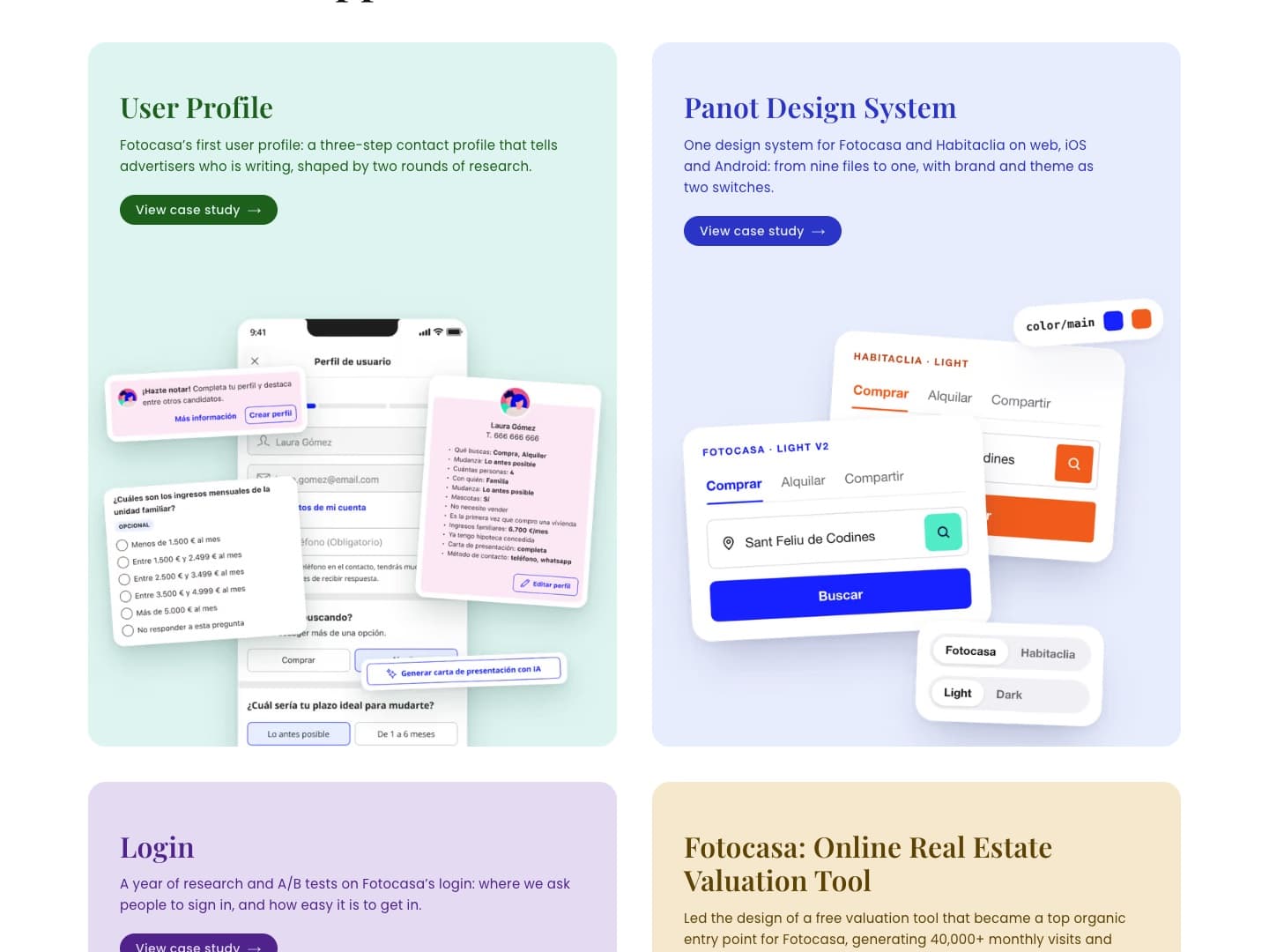 The home page today: the Work cards for User Profile and Panot, each in its own tint with its own thumbnail.