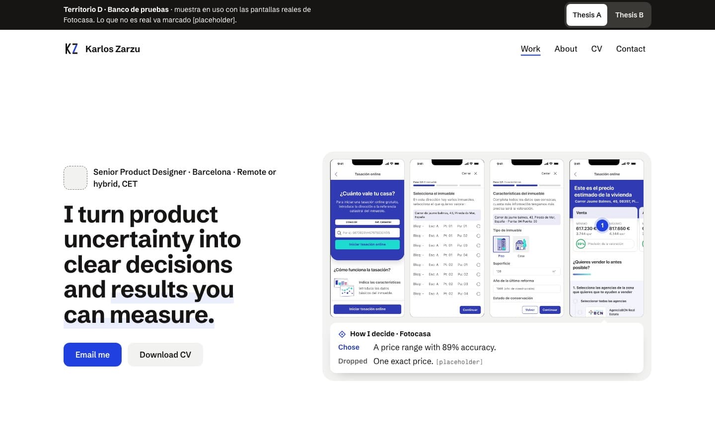 D — Workbench: every case measured against a baseline. Right for recruiters, generic on the surface.
