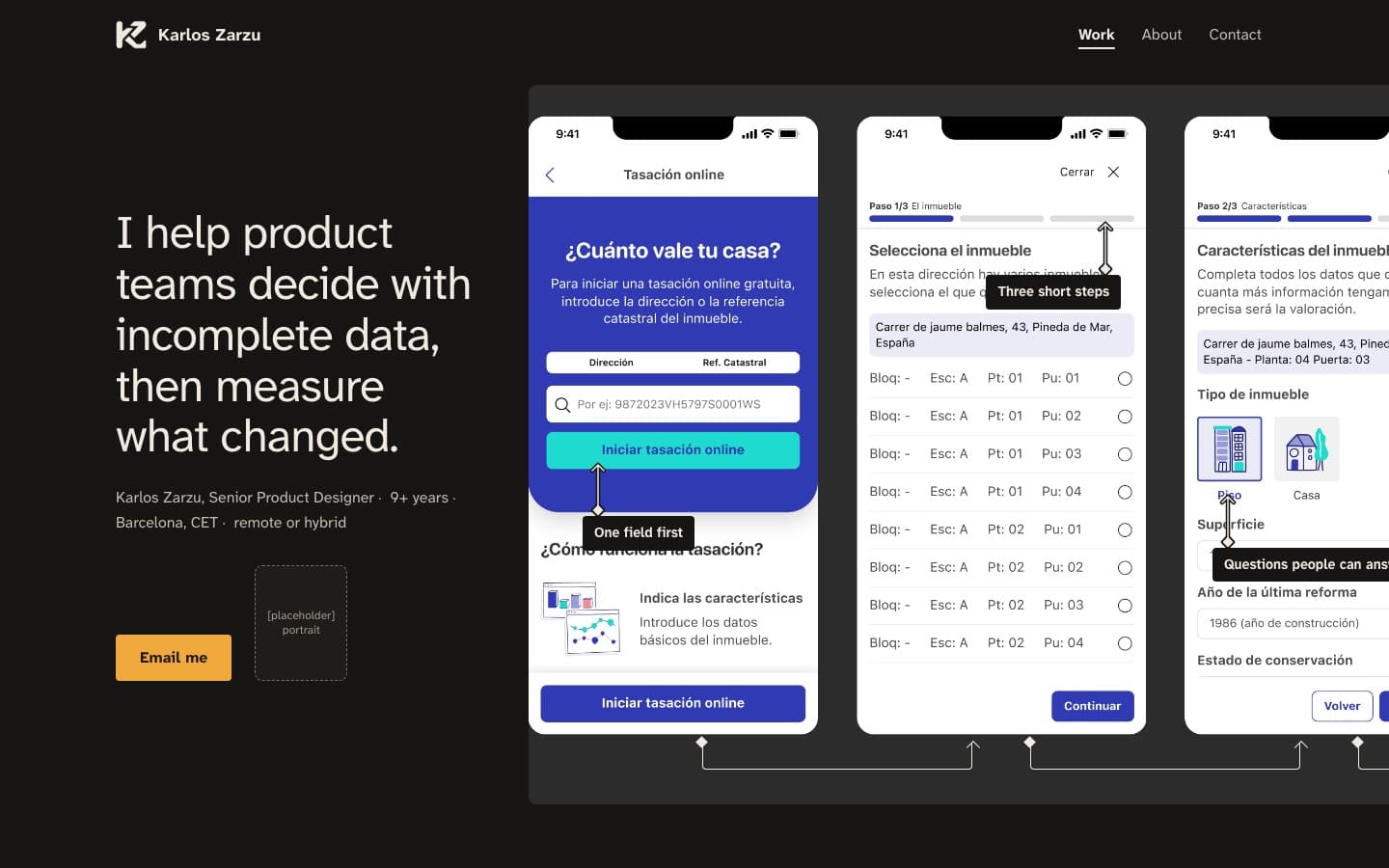 Direction G, rebuilt image-first: dark background, short headline on the left, large annotated phone screens on the right.