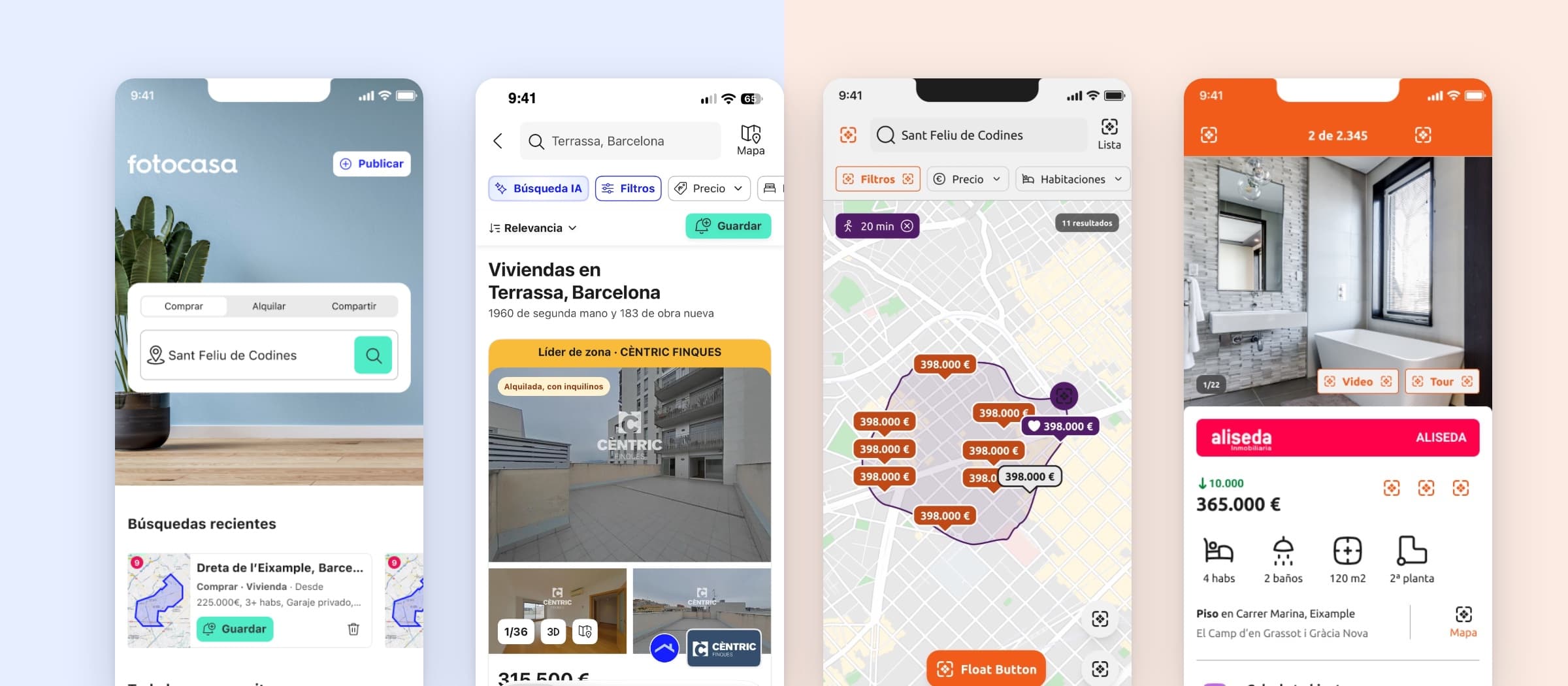 Four screens built from Panot: the new Fotocasa home and the results list in the current iOS app, after the rebrand, and the map search and property detail in Habitaclia orange.