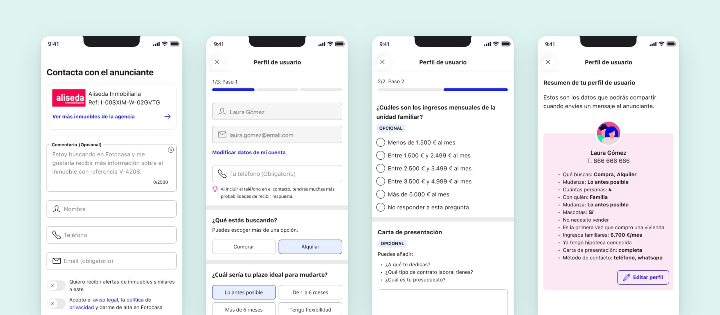 Four iOS screens of the contact profile: contacting an advertiser, step 1 with who you are and what you look for, step 2 with income in ranges, and the summary the advertiser will receive.