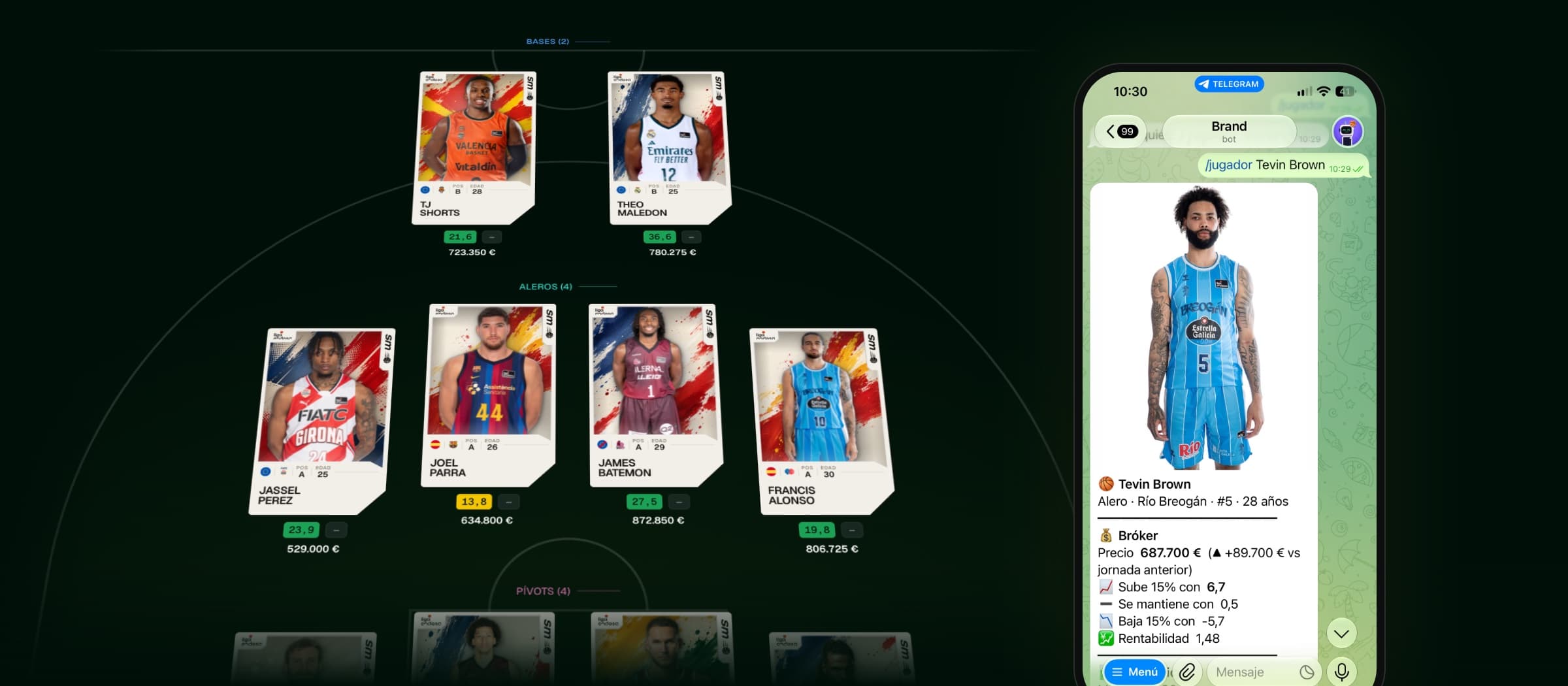 A ten-player SuperManager line-up as player cards on a basketball court, with the Telegram bot answering /jugador on a phone in front.