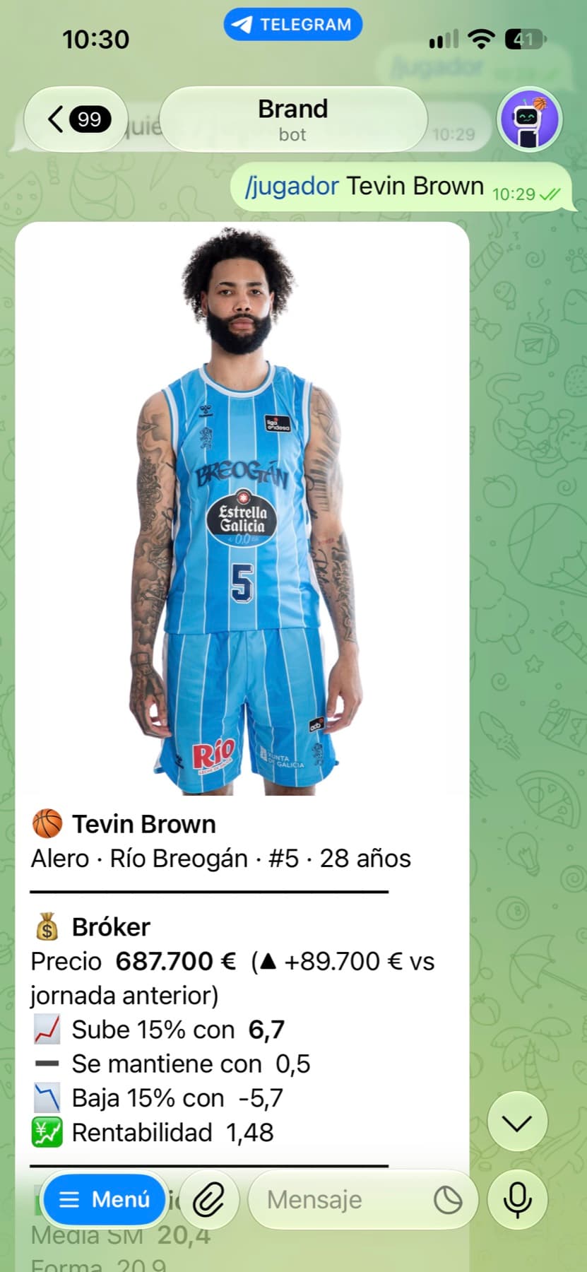 Telegram bot: the /jugador command returns a player card with his photo, price and the rating he needs to rise or fall 15%.