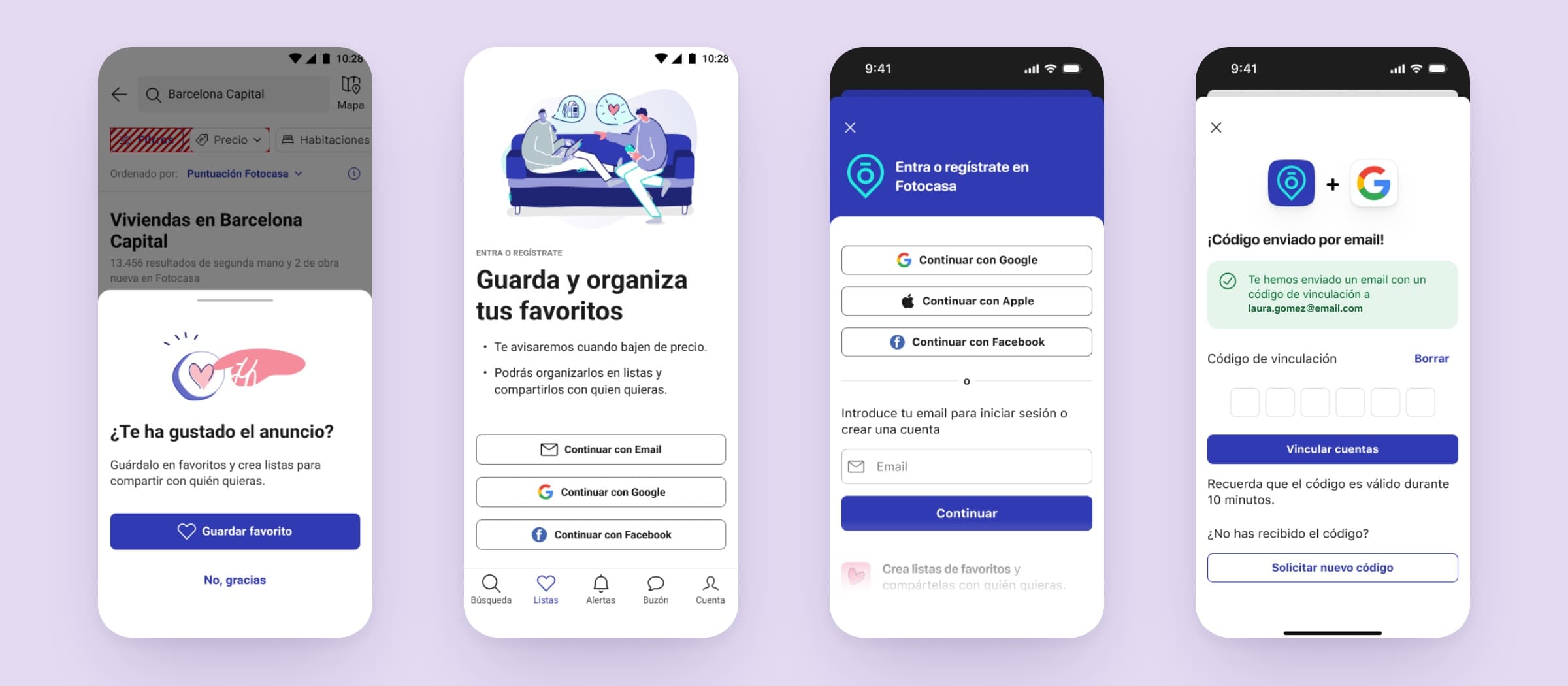 Four login screens from Fotocasa: save an ad you just shared, keep your favourites, sign in from an alert, and link your account with a code.
