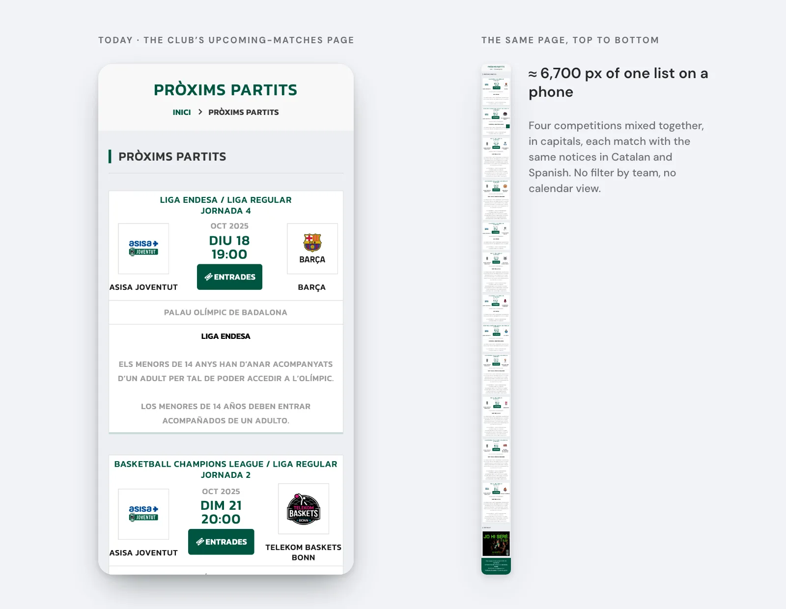 The club’s upcoming-matches page on a phone: a Liga Endesa match card followed by notices in capitals in Catalan and Spanish, then the next competition; next to it, the whole page as one long strip.